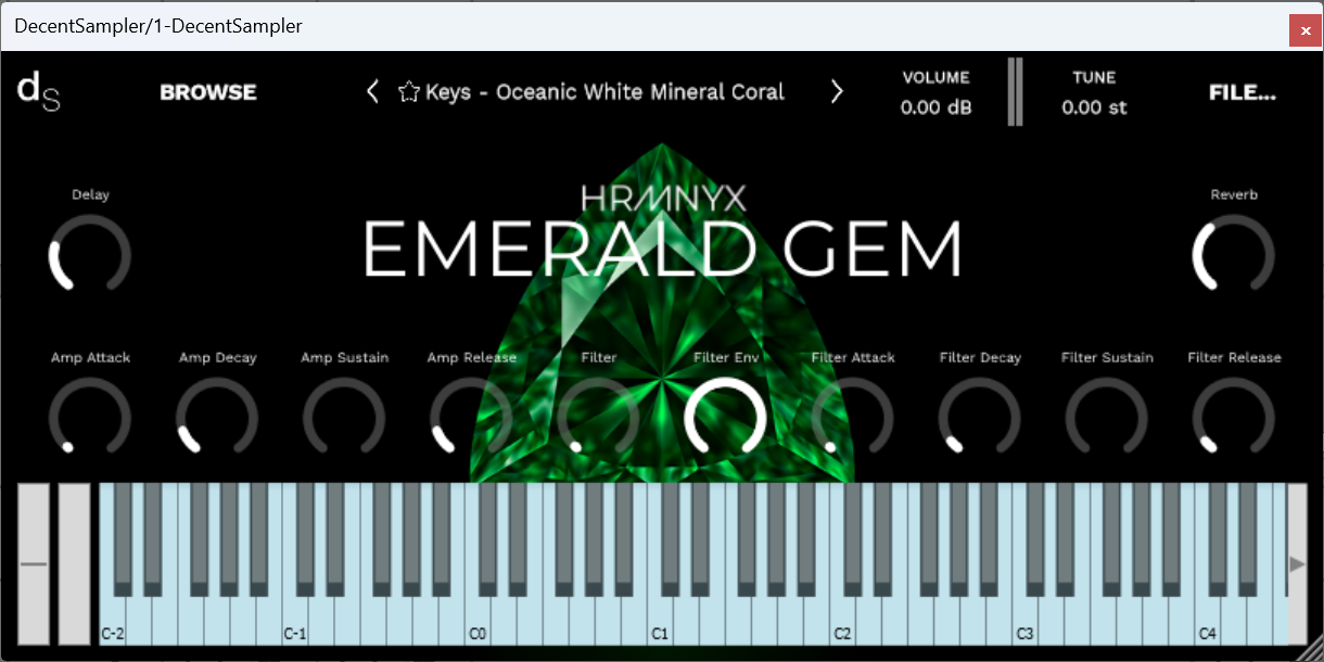 A screenshot of the Emerald Gem Sample Library instrument interface in Decent Sampler.